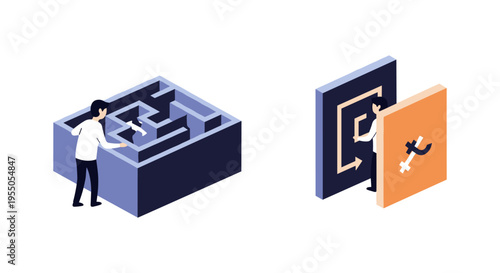 Businessman navigating through complex maze and finding solution