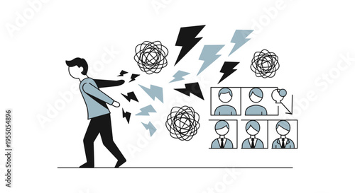 overwhelmed businessman with chaotic thoughts and angry expressions