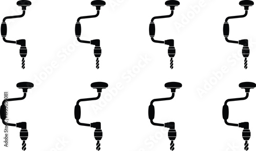 Eight black silhouette hand drills with spiral bits and crank handles arranged in two rows Keywords: hand drill, brace drill, eggbeater drill, manual drill, woodworking tool, carpentry tool