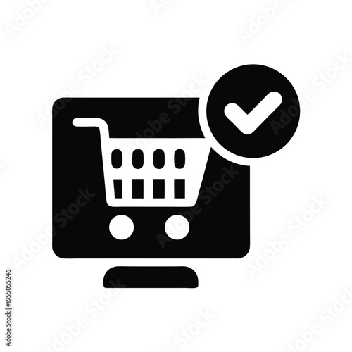 Shopping cart appears on the computer screen alongside a white check mark in a circle
