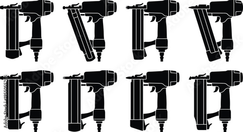 Collection of Black Silhouette Staple Gun Icons in Various Orientations Keywords: staple gun, nail gun, tool, hardware, construction, DIY, repair, fastening, industrial, equipment, silhouette