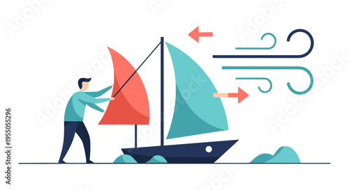 man adjusting sailboat sails in windy weather conditions