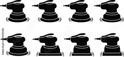 Eight Black Silhouette Orbital Sander Icons with Vibration Lines Keywords: orbital sander, tool, power tool, woodworking, DIY, construction, finishing, silhouette, icon, set, collection, graphic