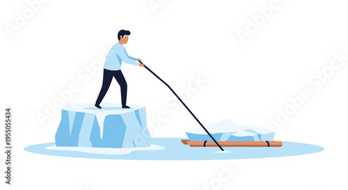 Businessman on iceberg pulling rope tied to floating iceberg, symbolizing challenge and risk