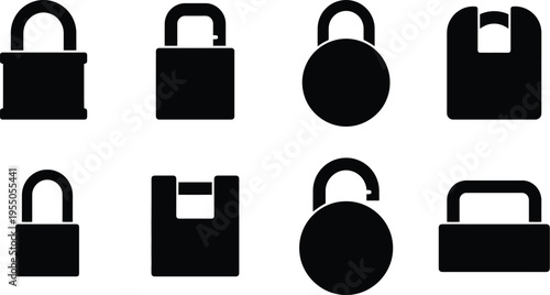 Variety of Black Silhouette Padlock and Lock Icons in Different States Keywords: padlock, lock, security, safety, protection, access, key, silhouette, icon, set, collection, graphic, design