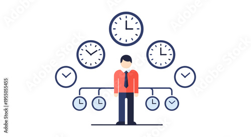 Businessman managing multiple clocks and schedules