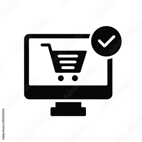 Monitor displays an online shopping cart icon with an approving checkmark symbol showing completion