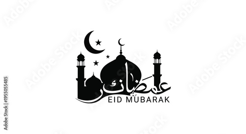 A black silhouette of an islamic mosque with a crescent moon and eid mubarak greeting silhouette