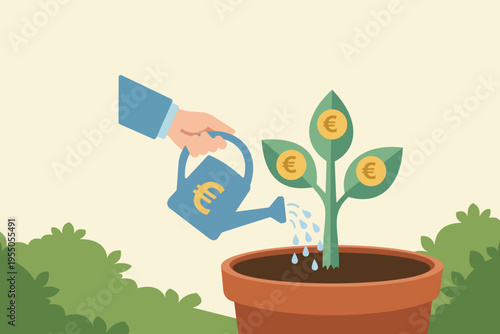 Watering Euro Money Plant Symbolizing Investment Growth, Financial Nurturing and Wealth Creation