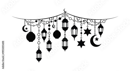 A decorative string of islamic lanterns and crescent moons adorns a festive scene silhouette high quality