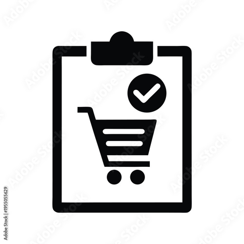 Black checklist icon features a shopping cart and a check mark symbol