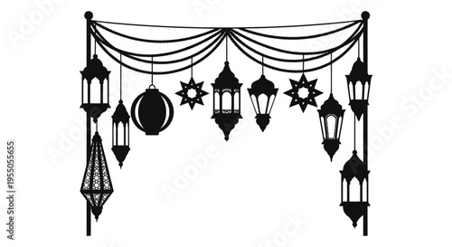 Elegant black decorations featuring ornate lanterns and draping swags a striking silhouette high quality professional detailed
