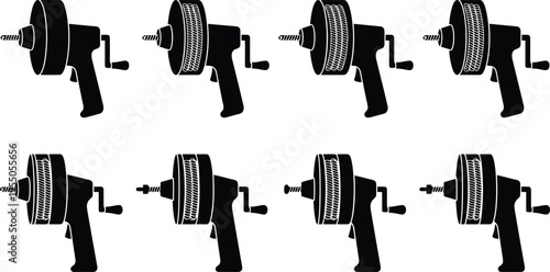 Eight Black and White Silhouettes of Drain Cleaning Augers with Crank Handles Keywords: drain cleaner, auger, plumbing tool, sewer snake, pipe cleaning, maintenance, repair, tool, equipment