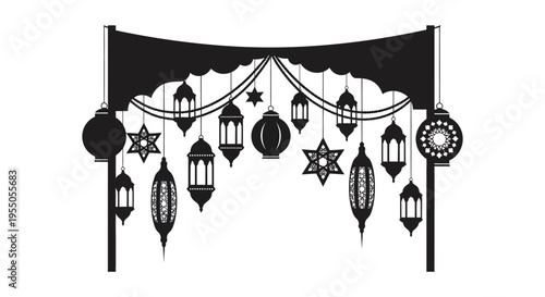 Intricate black silhouette of hanging lanterns and stars evoking a festive and ornate atmosphere silhouette