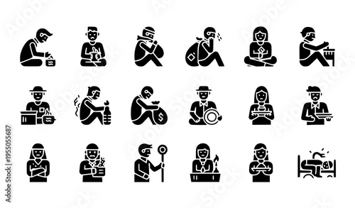 Glyph Poor Lifestyle Characters Collection Black Solid Human Poverty Icons Vector Illustration