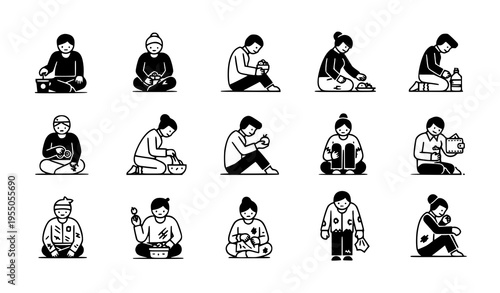 Minimal Glyph Poor Characters Pack Poverty Situation Human Icons Black Solid Vector Set