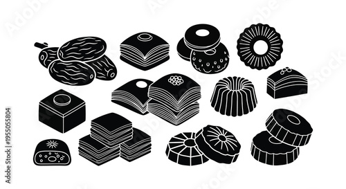 A collection of various stylized dessert shapes and forms displayed in black silhouette high quality professional