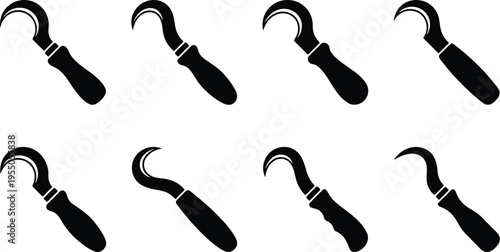Eight black silhouette icons of different sickle and scythe tools Keywords: sickle, scythe, farming tool, agricultural tool, gardening tool, harvesting tool, cutting tool, blade, handle, tool