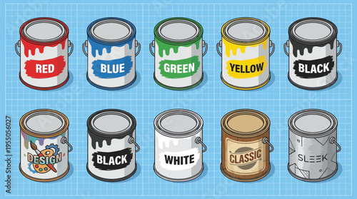 Ten assorted paint cans with different colors and labels are displayed in two rows against a light blue grid background.
