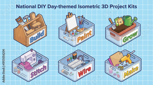 Six isometric 3D project kits are organized in clear plastic storage bins labeled for building, painting, growing, stitching, wiring, and making.