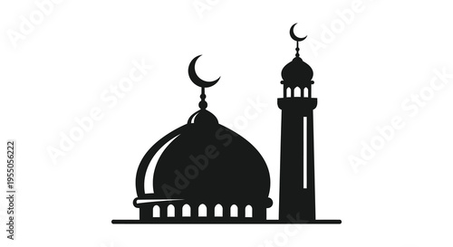 A striking black silhouette of an islamic mosque with a crescent moon and minaret silhouette