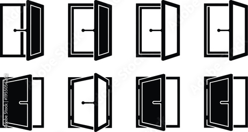 Set of eight black and white icons depicting open doors and windows with handles vector illustration