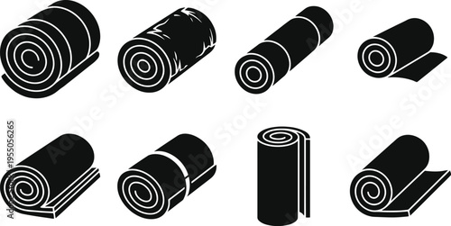 Set of Eight Black and White Icons Representing Rolled Items sleeping bag