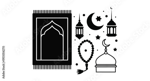 Islamic design elements including a prayer rug crescent moon and lanterns in silhouette high quality professional