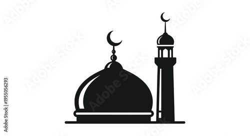 A striking black silhouette of a mosque with a crescent moon and minaret design silhouette