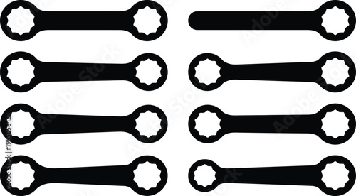 Set of eight black silhouette combination wrenches with star shaped openings on a white background tool