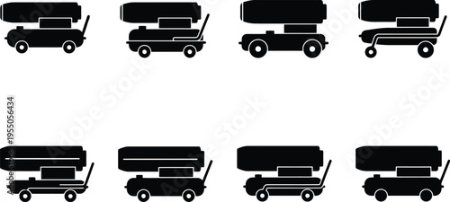 Set of eight black silhouette icons of air compressors with different tank and wheel configurations air tank