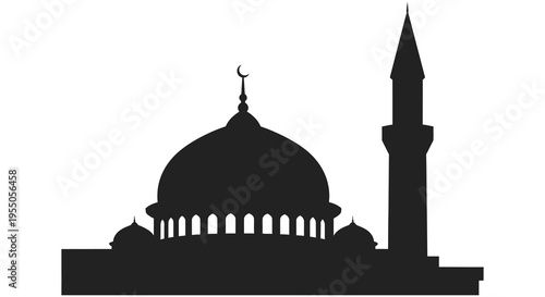A striking black silhouette of a mosque with minarets and a crescent moon silhouette high quality