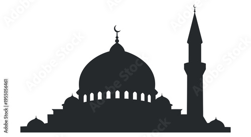 A striking black silhouette of a mosque with a crescent moon and minaret silhouette high quality