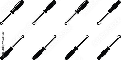 Set of eight black silhouette icons of hook screwdrivers on a white background hook tool upholstery tool