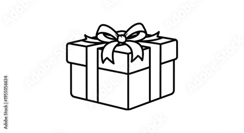 A black and white line drawing depicts a gift box with a decorative bow a simple silhouette