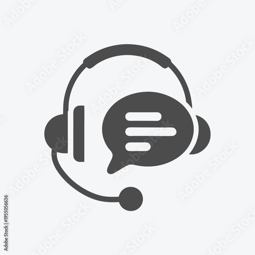 A stylized monochrome headset with speech bubble represents customer support and assistance online