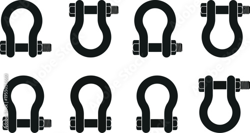 Set of eight black silhouette icons of shackles with bolt and nut closures rigging hardware