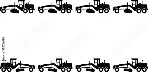 Set of eight black silhouette icons of motor graders with angled blades on a white background construction equipment