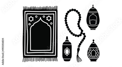Islamic prayer rug beads and oil lamps depicted in a striking black silhouette high quality professional