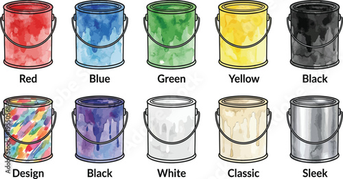 Ten assorted paint cans display various colors and textures, including drips and abstract patterns, arranged in two rows against a white background.