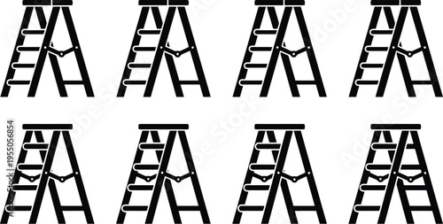 Set of eight black silhouette step ladders and extension ladders in various configurations on a white background