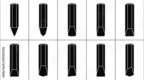 Set of ten black silhouette icons depicting different pencil tip shapes and pencil lead points graphite