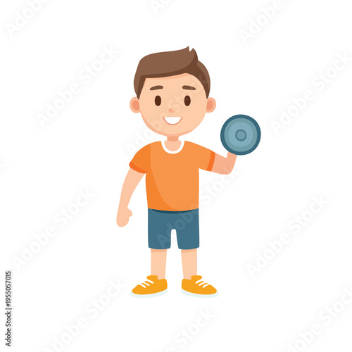 Young boy enthusiastically exercising with a dumbbell, a perfect embodiment of fitness and health
