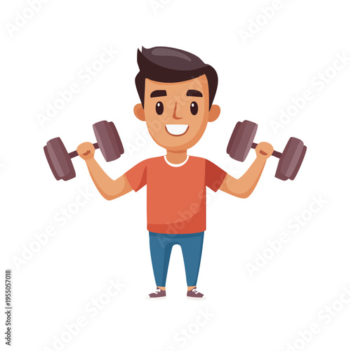 A cartoon man cheerfully lifting dumbbells