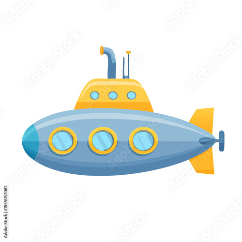 A cartoon of a submarine traveling underwater, a symbol of adventure and exploration. The submarine is depicted with a detailed design, showcasing portholes and a distinctive shape