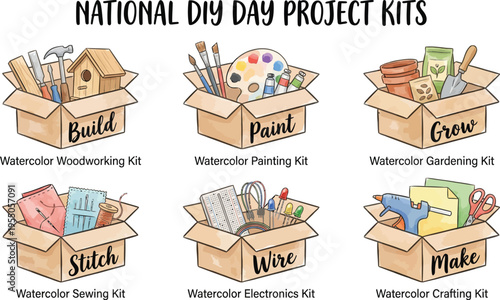 Six watercolor illustrations depict various National DIY Day project kits packaged in open cardboard boxes labeled for building, painting, growing, sewing, wiring, and crafting.