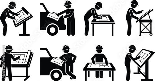 Silhouettes of architects and engineers working with blueprints and drafting tables plan