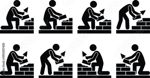 Silhouettes of Bricklayers Building a Wall on White Background illustration laying
