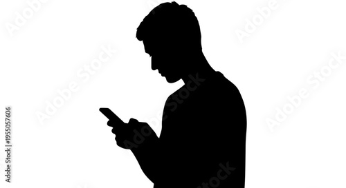 Silhouette of a young man using a smartphone against a white background
