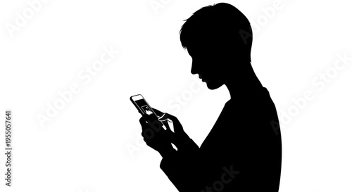 Silhouette of a person using a smartphone isolated on white background